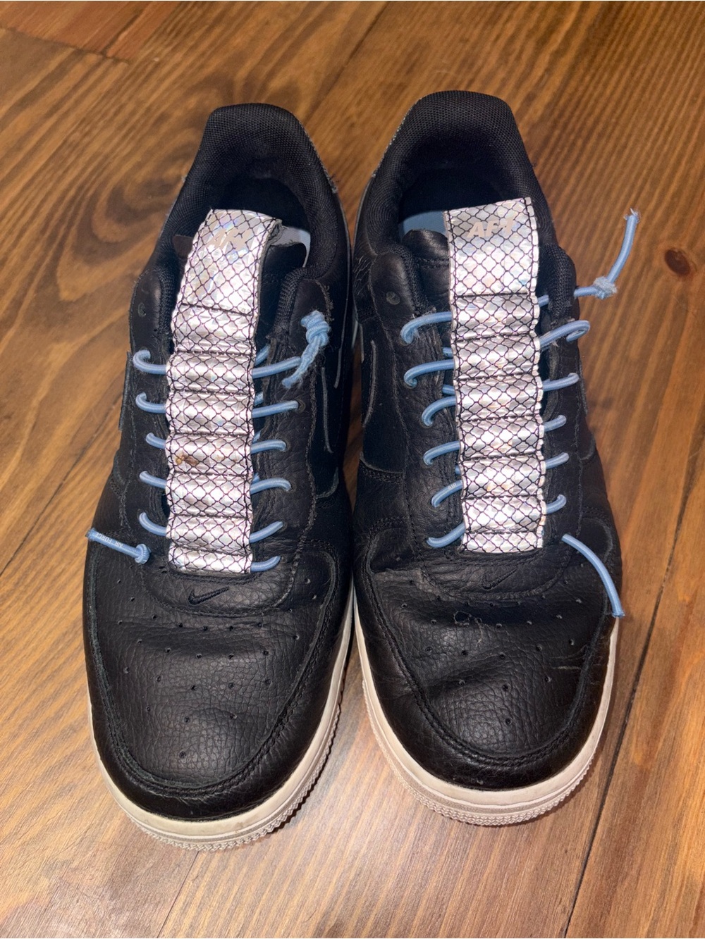 Black Leather Women's Sneakers with Light Blue Accents